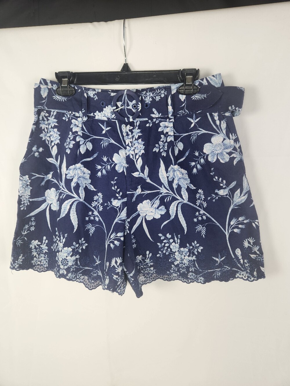 Laura Ashley High Waist Linen Blend Floral Shorts Blue White Cottagecore Size 10